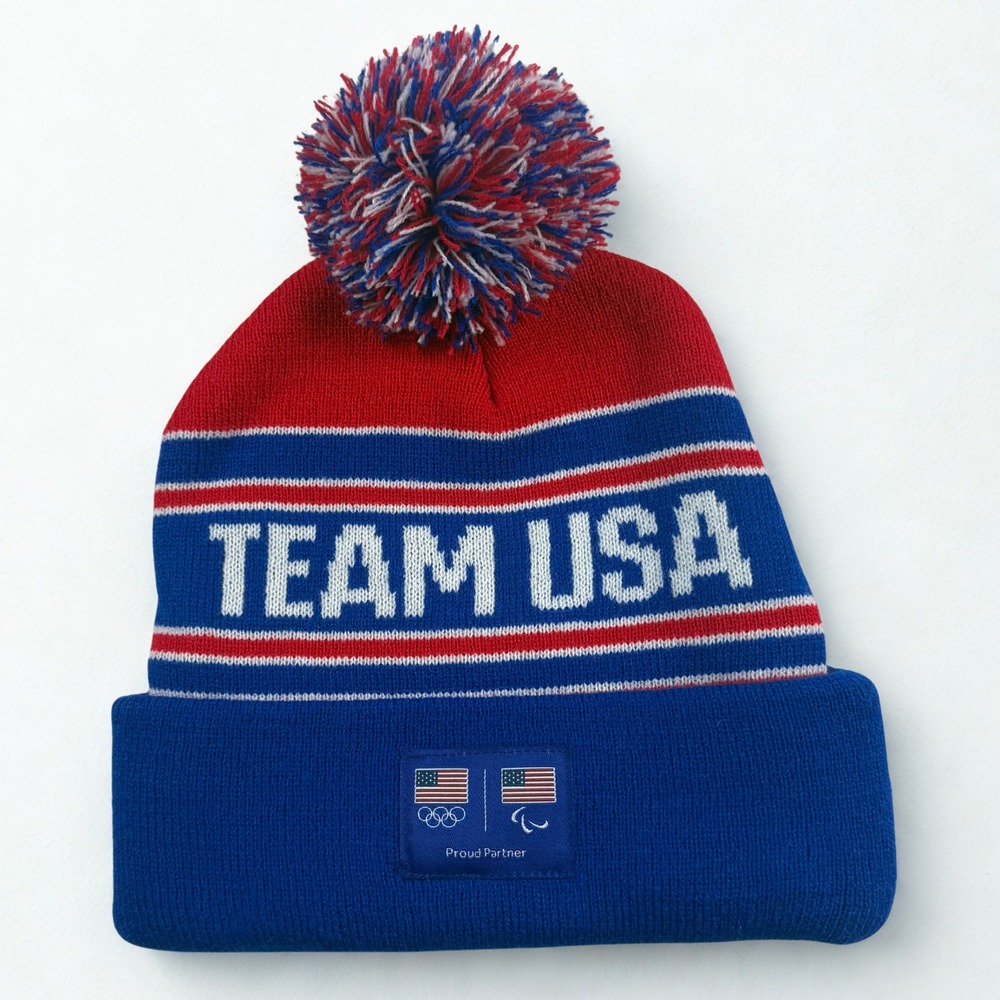 Team USA Beanie Unisex OS Blue Red Olympics Pom Pom Patriotic Winter Hat Ski